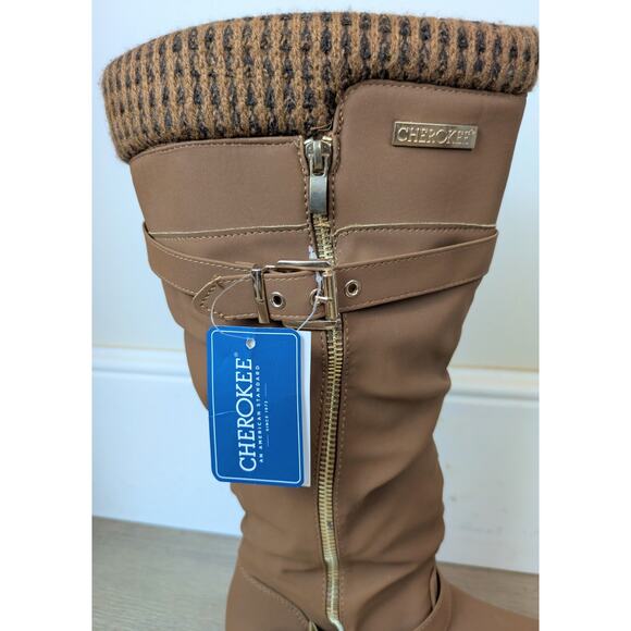 NEW Cherokee Womens Tall Boots 8 Brown Slouchy Knit Cuff Zip Buckle Lug Sole - Picture 4 of 12